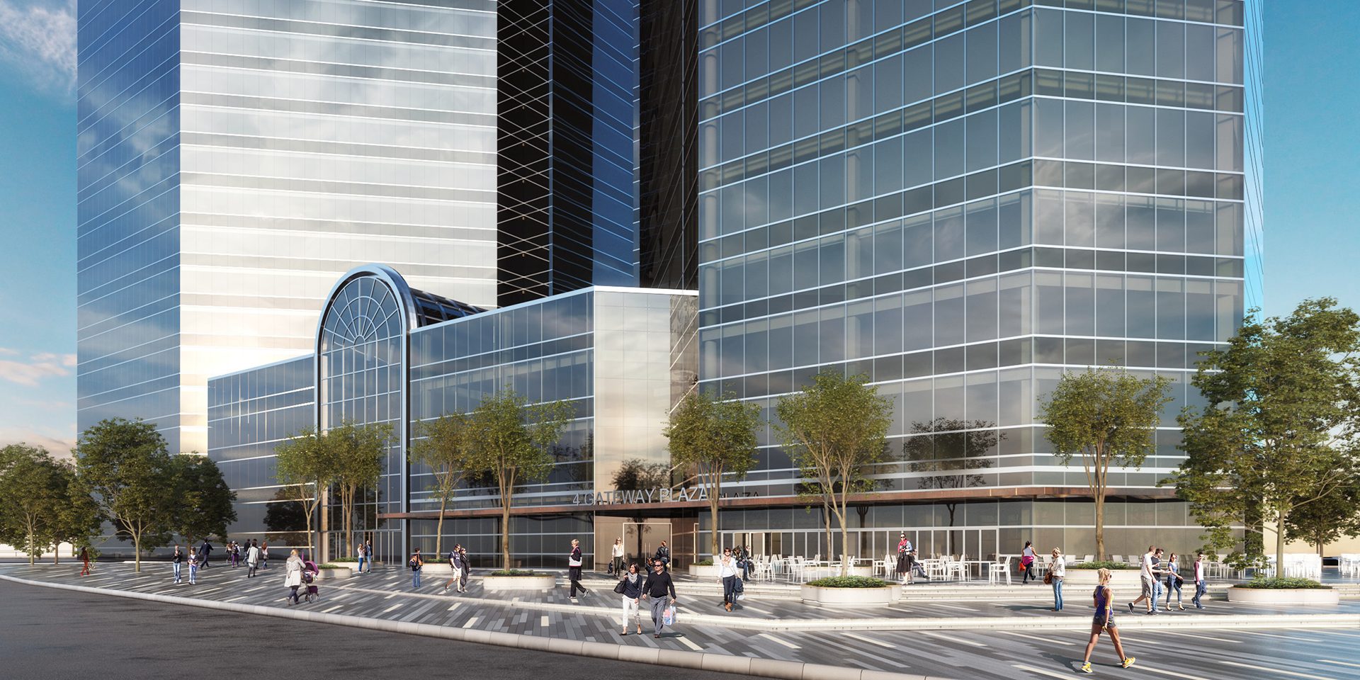 Rendering of the proposed exterior of 4 Gateway Center as part of the building renovation study