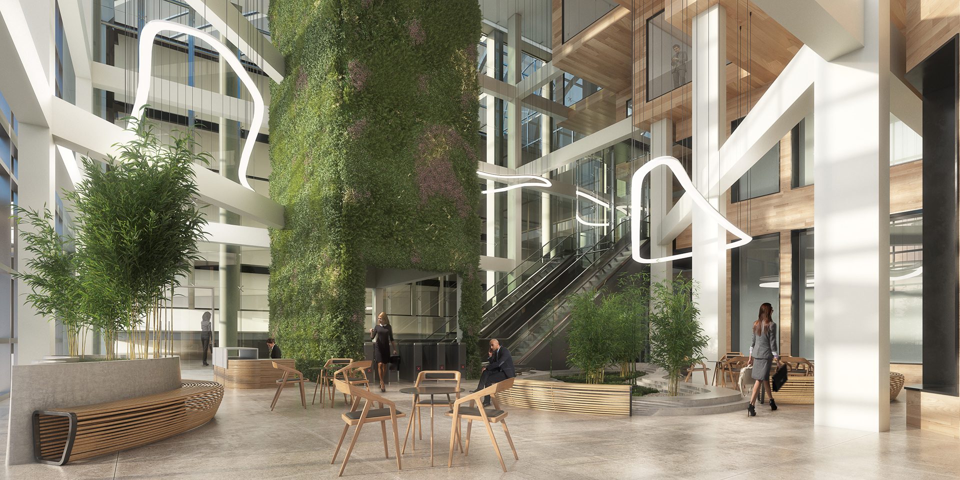 Organic building lobby design as part of the building renovation study of 4 Gateway Center